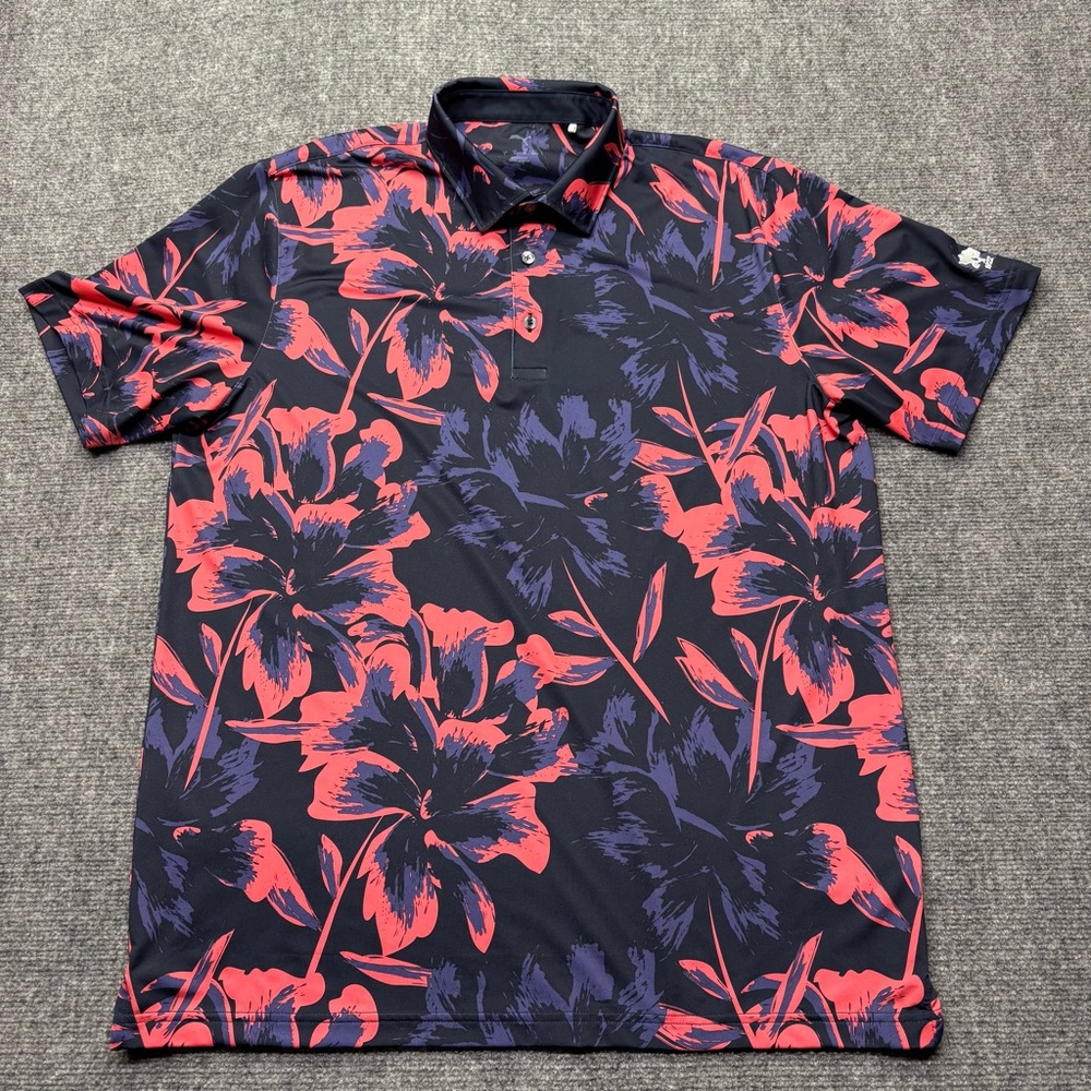 Puma Golf Polo Shirt Mens Large Blue Pink Hawaiian Print Floral The Orchards - Picture 2 of 10